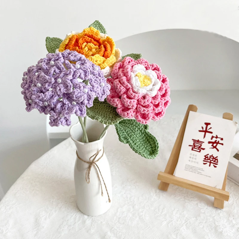 Knitting Crochet Flower Artificial Peony Hydrangea Lotus CamelliaConvallaria Majalis Galsang Flower Bouquet Kintted Woven Flower