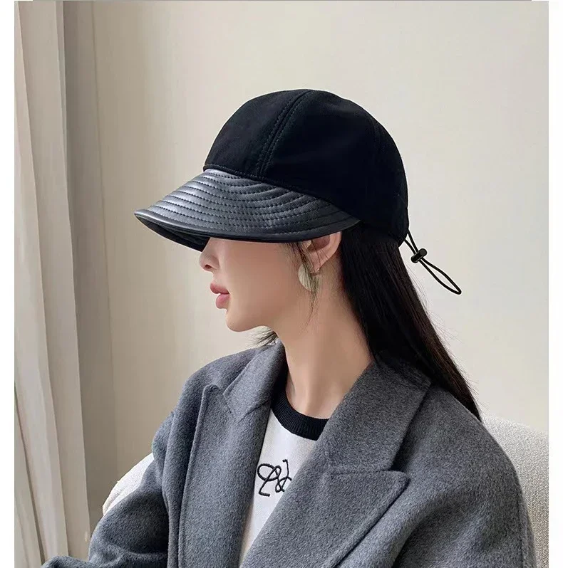 Solid Wide Brim Duck Tongue Real Leather Hat Women Show Face Small Fisherman Hat Duck Tongue Hat Baseball Cap Fashion 55-58cm