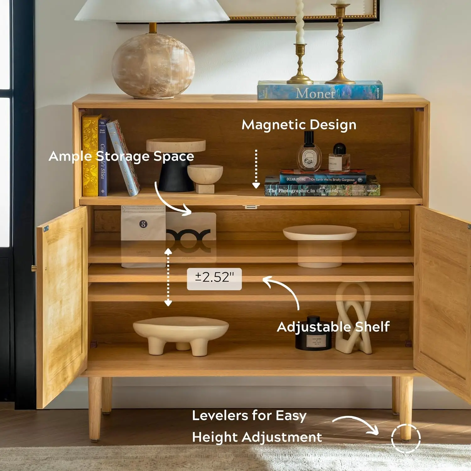 Aparador de ratán, gabinete de almacenamiento de Buffet bohemio, gabinete de credenza de granja con puertas y estantes ajustables para Living Ro