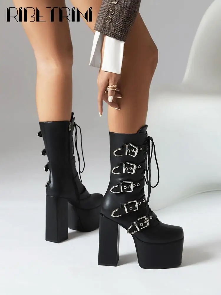 New Punk Goth Women Motorcycle Boots High Heeled Knee High Platform Shoes Heart Buckle Lace Up Luxury Trendy Winter Street Boots