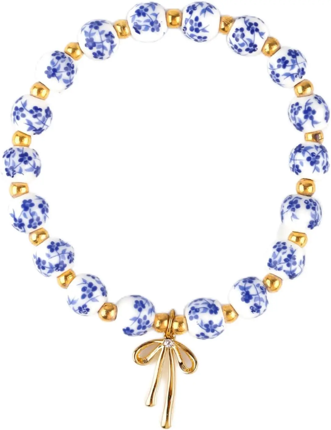 Blue and White Porcelain Beaded Bracelet, Beads Bow Charm Bracelet for Women Vintage Ceramic Bracelets Dainty Romantic Gift, Handmade Gold Beaded Jewelry for Her