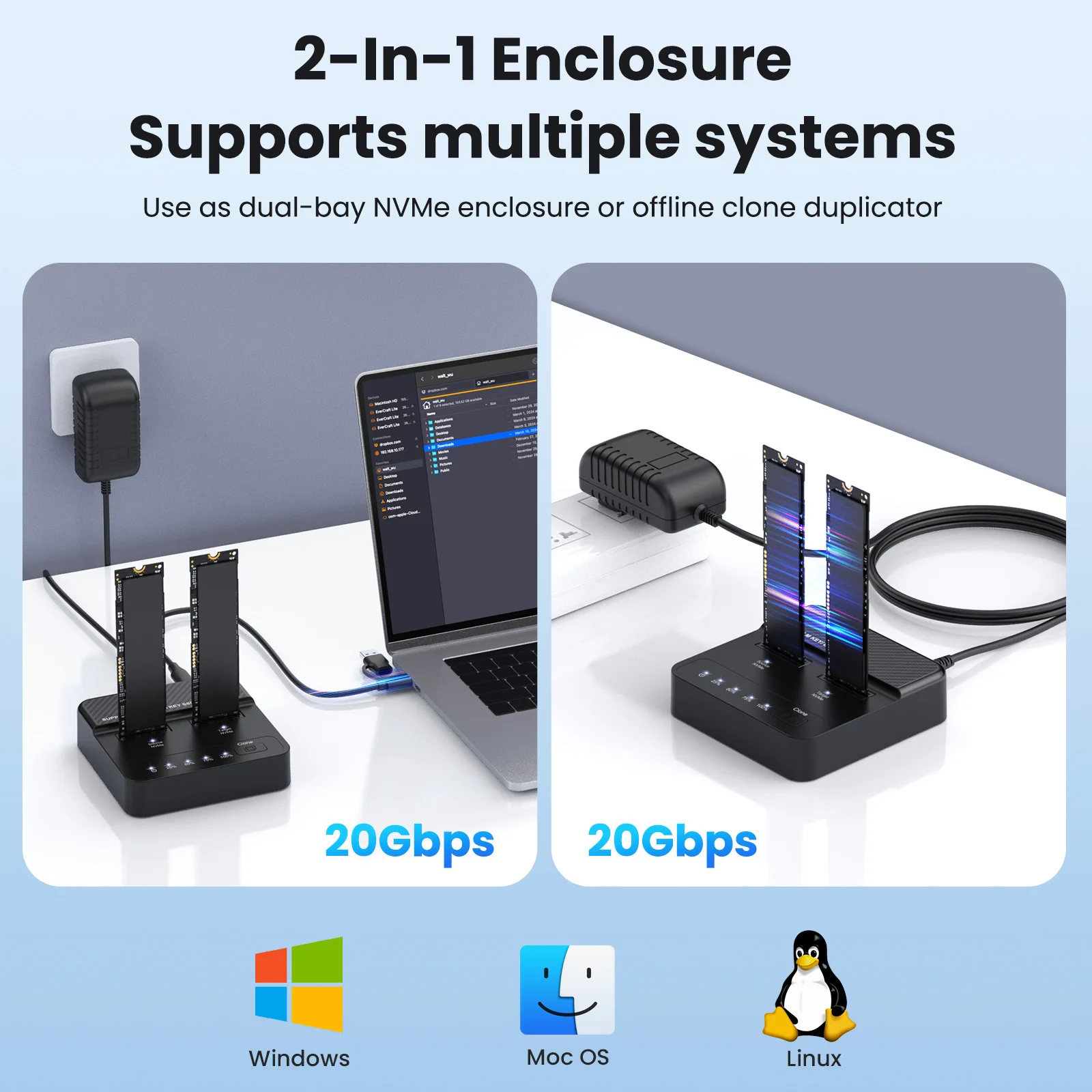 NVME M.2 SSD Docking Station Dual-Bay Solid State Drive Duplicator 20Gbps Read-Write Offline Copying Cloner Duplicator