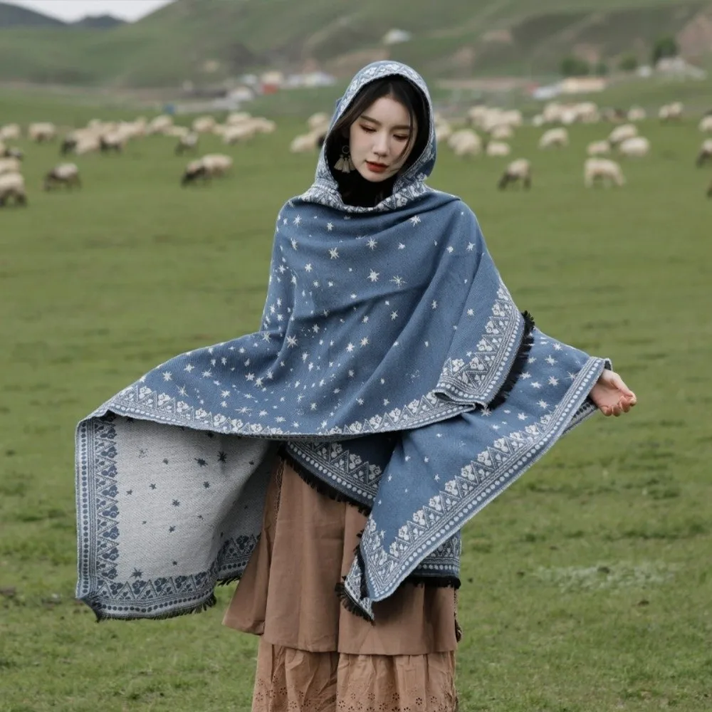 

Новая шаль с капюшоном в этническом стиле, теплая ветрозащитная шаль с кисточками, большой женский плащ