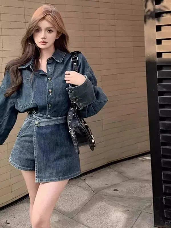 Design Sensation Ageless Personality Uneven Denim Dress Women Spring Autumn Tummy Control Slimming Half Skirt Bather Short Sk...