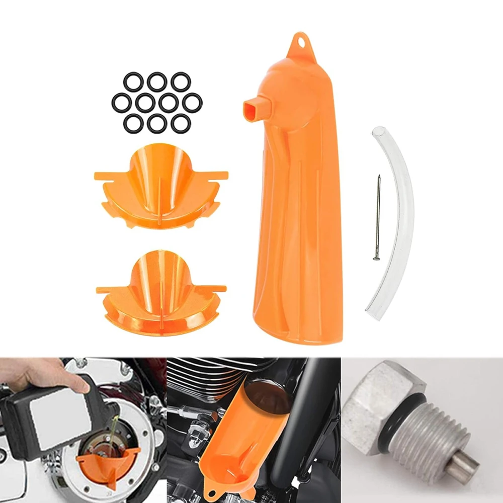 Primary Case Oil Fill Funnels Oil Filter Funnel Set with 10 Pack Primary Drain Plugs Compatible with Harley Orange