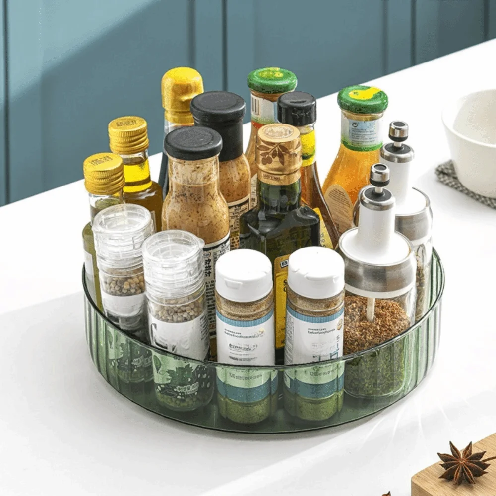 Large Capacity 360 Degree Seasoning Rotating Tray Round Heightened Edge Bathroom Storage Shelf Plastic Turntable Spice Rack