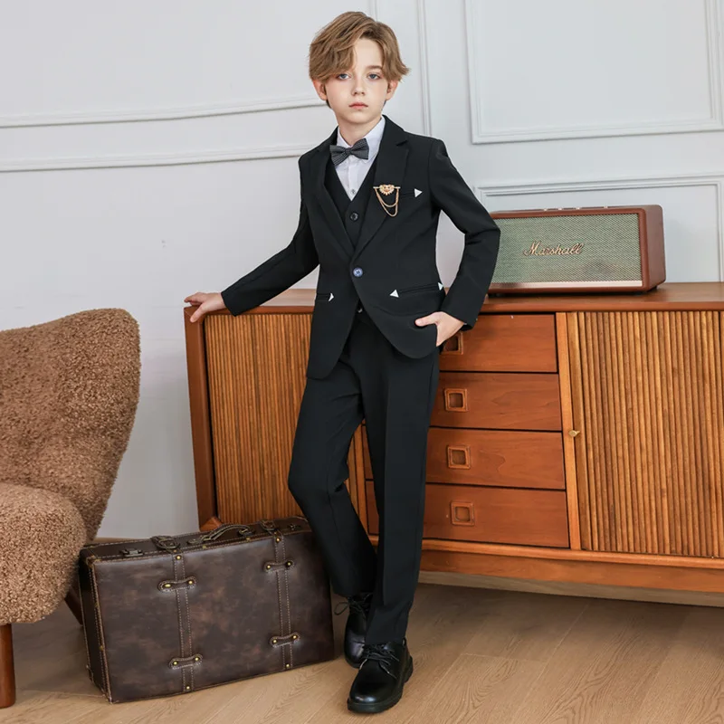 90-170 Children Sping Khaki 5Pieces/Set Jacket Vest Pants Bowtie Brooch Performance Suit Boys British Wedding Dress Kids Blazer