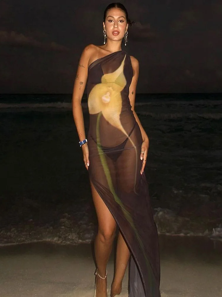 เซ็กซี่แขนกุดหนึ่งไหล่พิมพ์ดูผ่านตาข่ายชุดผู้หญิง 2024 ฤดูร้อน High Slit Slim Beach Holiday Dress