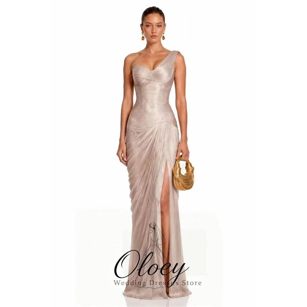 OLOEY Glamorous Champagne One Shoulder Sleeveless Evening Gown Dress Pleated Mermaid Side High Slit Party Dress Customized
