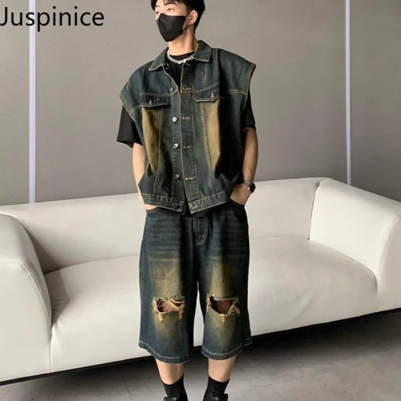 

American Retro Large Size Denim Vest Jeans Fashion Men‘s Washed High Street Sleeveless Jacket Ripped Trousers Male Clothes