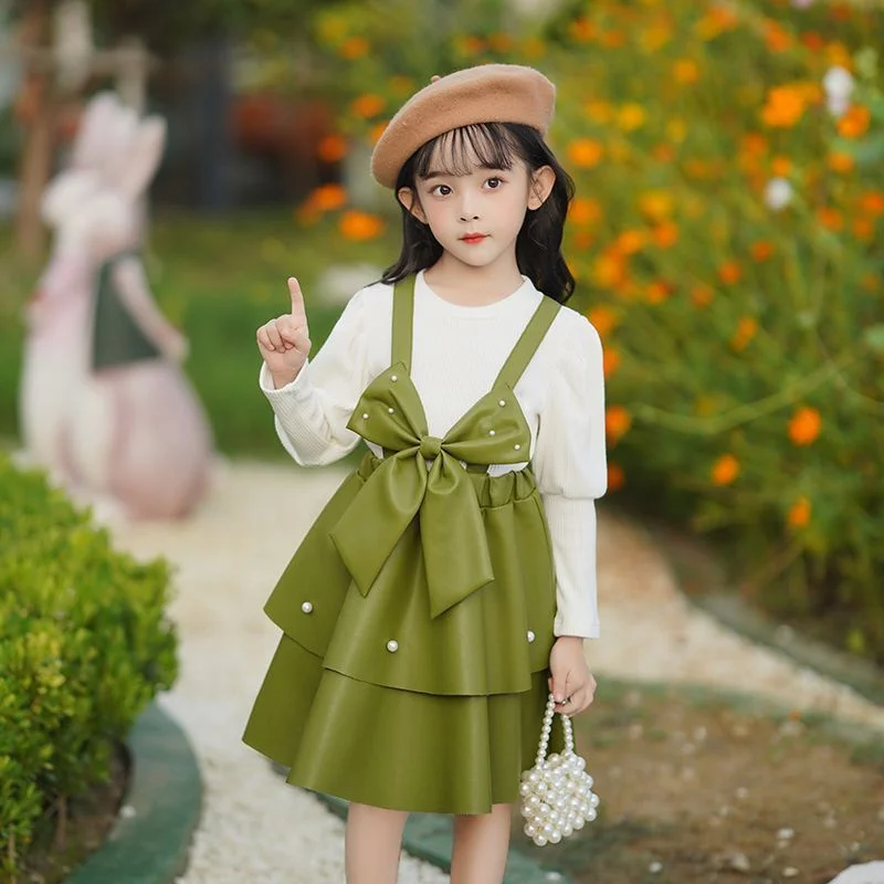 

Girls Tops +Dress Kids Suits 2PCS/Set Cotton 2024 Pearl Spring Autumn Cotton Formal Sport Teenagers Children Clothing