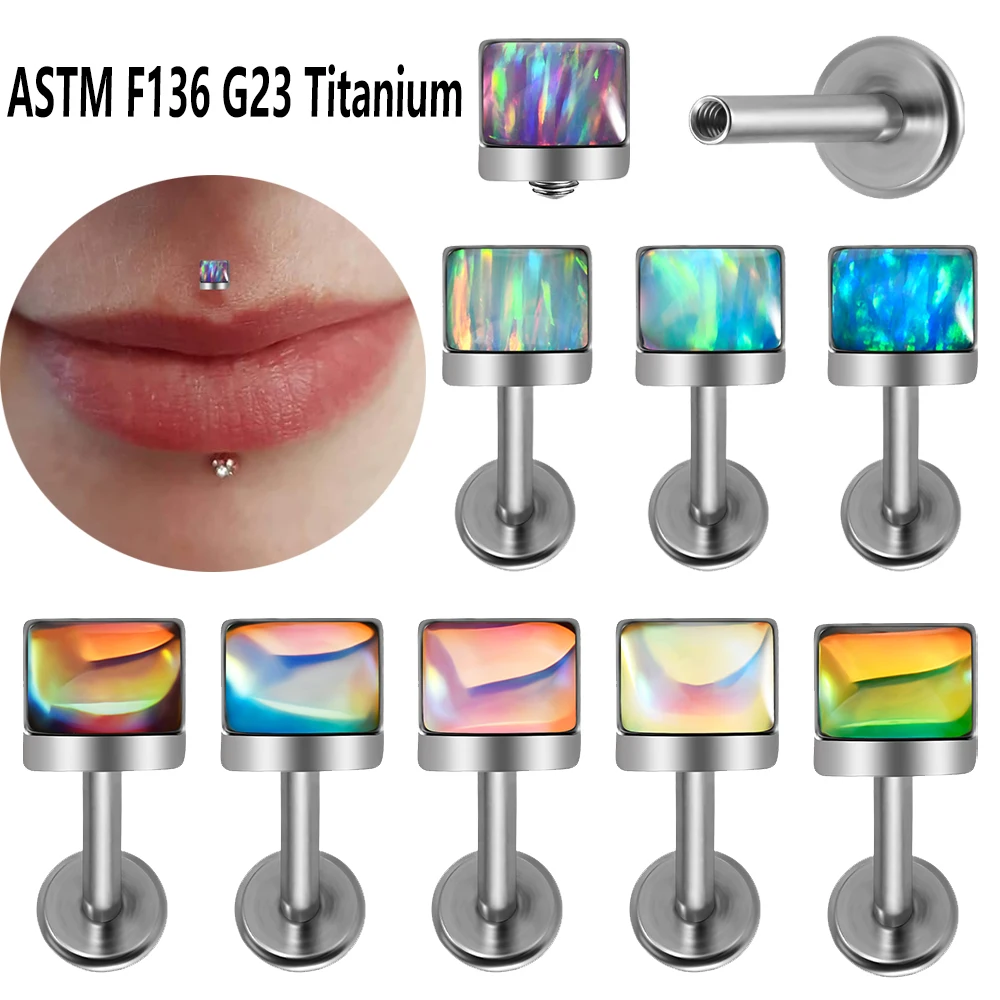 1PC G23 Titanium Suqare Labret Piercing With Opal&Flash Film Lip Studs Earrings Cartilage Tragus Helix Rook Piercing Jewelry 16G