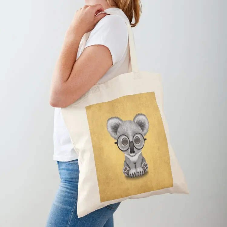 

Cute Baby Koala Bear Cub Wearing Glasses on Yellow Tote Bag large tote bag Custom bag shopper bags for women Women's tote