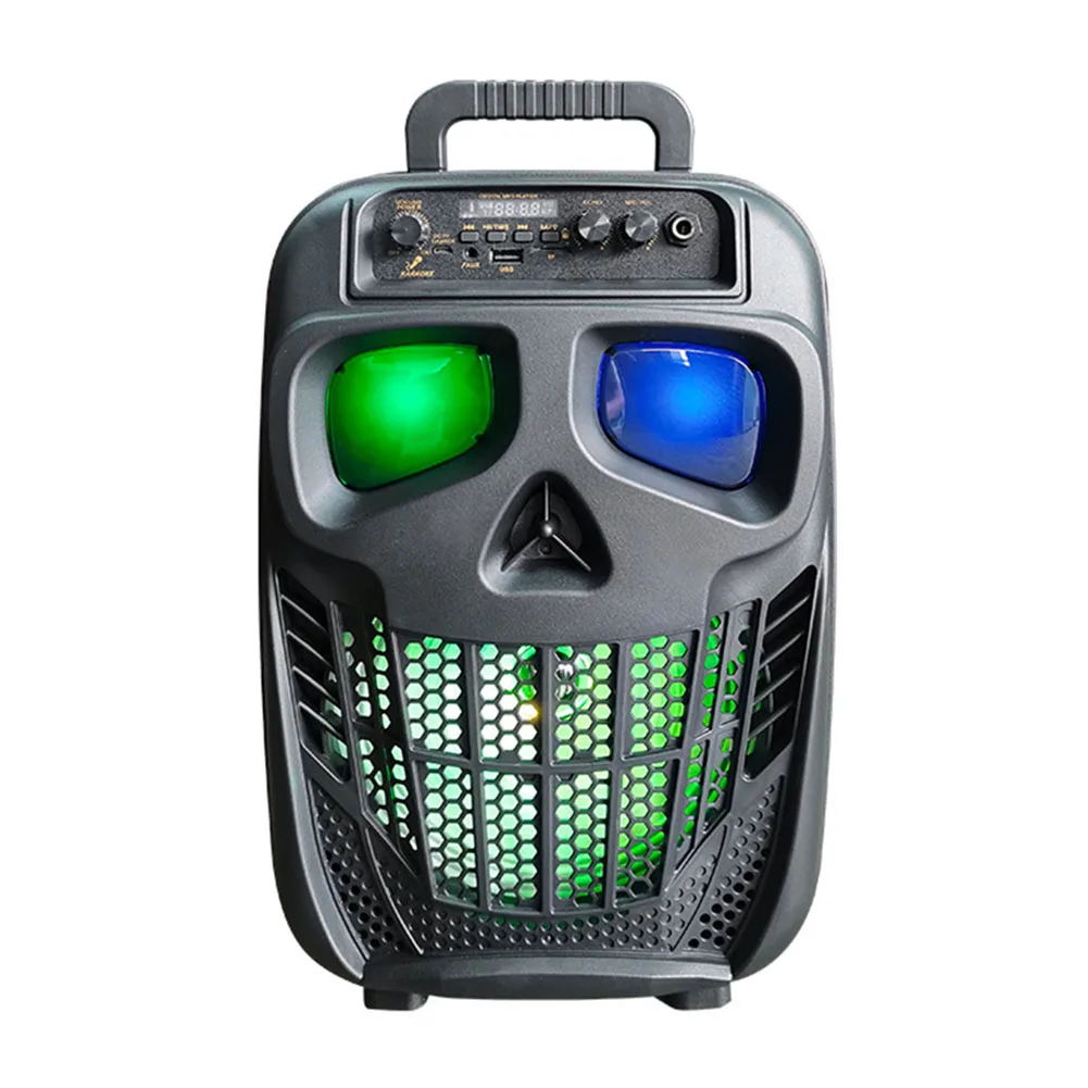 

Беспроводная портативная колонка Skull с Bluetooth 5.0, 1 микрофоном, караоке-системой PA, перезаряжаемая, поддерживает USB, TF-карты, AUX для домашних вечеринок