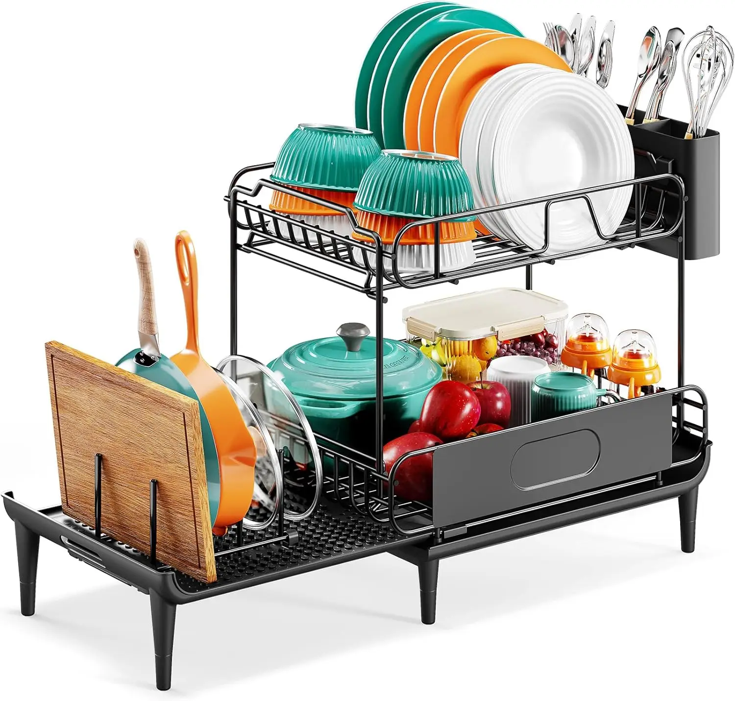 

Counter, Expandable 2 Tier Dish Rack, Large Capacity Dish Drainer With Drainboard Multifunctional D