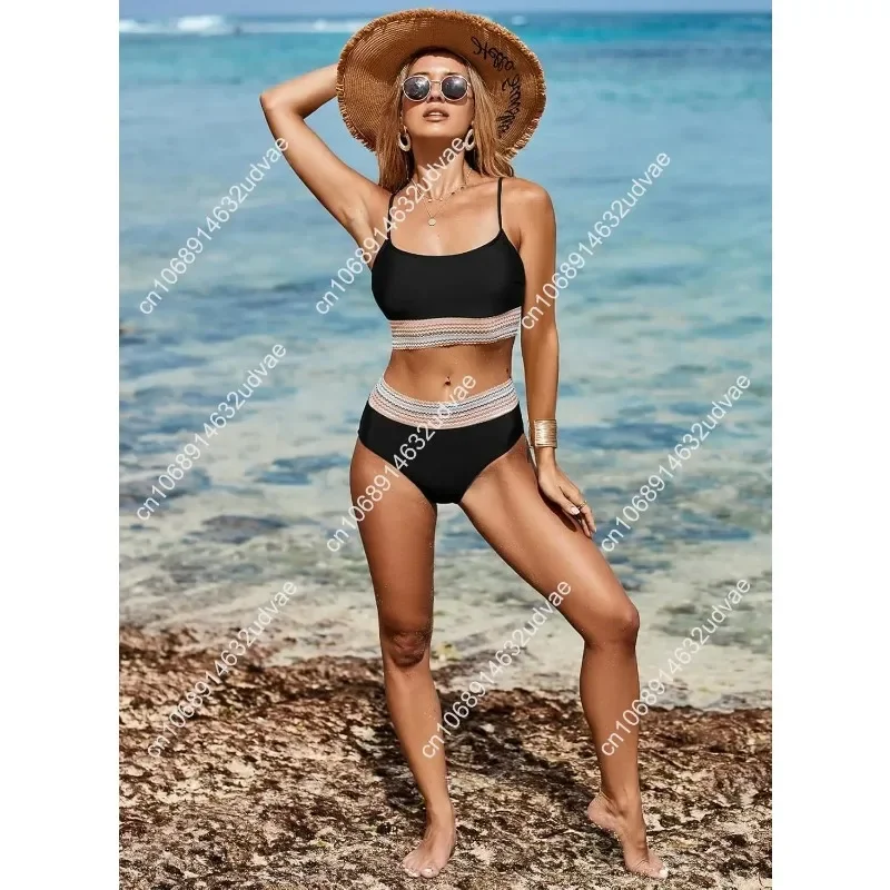 Women's Bikini Sets Colorblock Trim 2 Piece High Waisted Swimsuit Scoop Neck Adjustable Spaghetti Straps Bathing Suit view 3