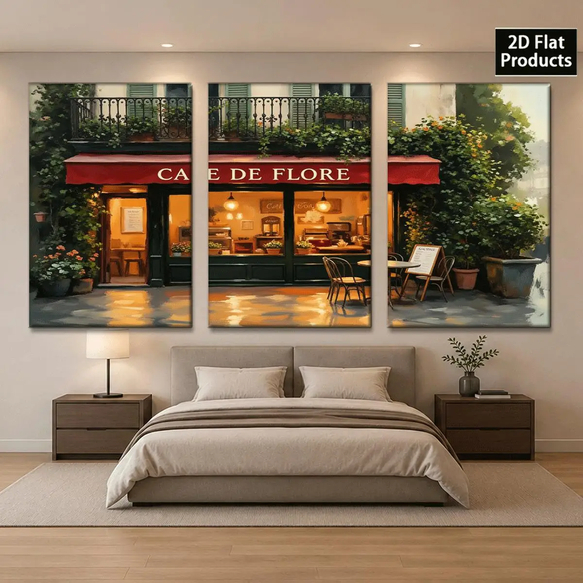 Frameless 2D Flat 3pc  Canvas Wall Art – A painting of a Parisian café with red awning tables and greenery perfect for aesthe