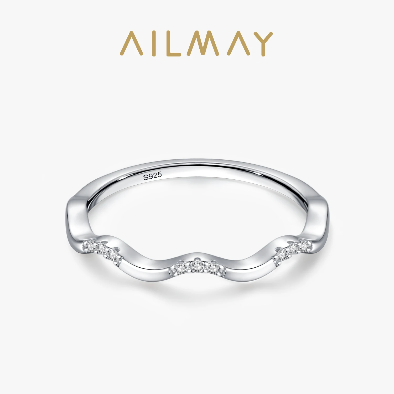 

Ailmay Real 925 Sterling Silver Simple Trendy Cubic Zirconia Wave Shape Stackable Finger Ring For Women Fine Female Jewelry Gift
