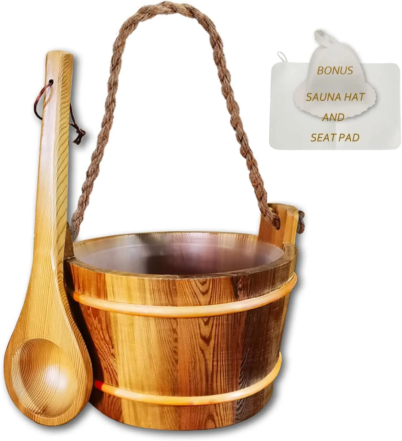 

Red Cedar Wooden Sauna Bucket and Ladle with Hat and Seat Pad Handmade and Spa Accessory