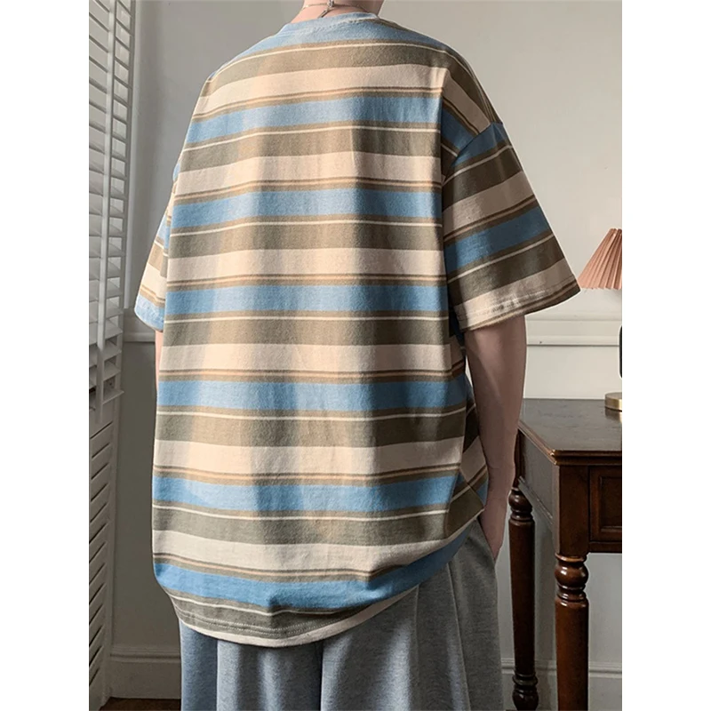 Summer Striped Printed Men O Neck Short Sleeve T Shirt Embroidery Graphic Japan Style Hit Color Fashion Casual Oversized Clothes
