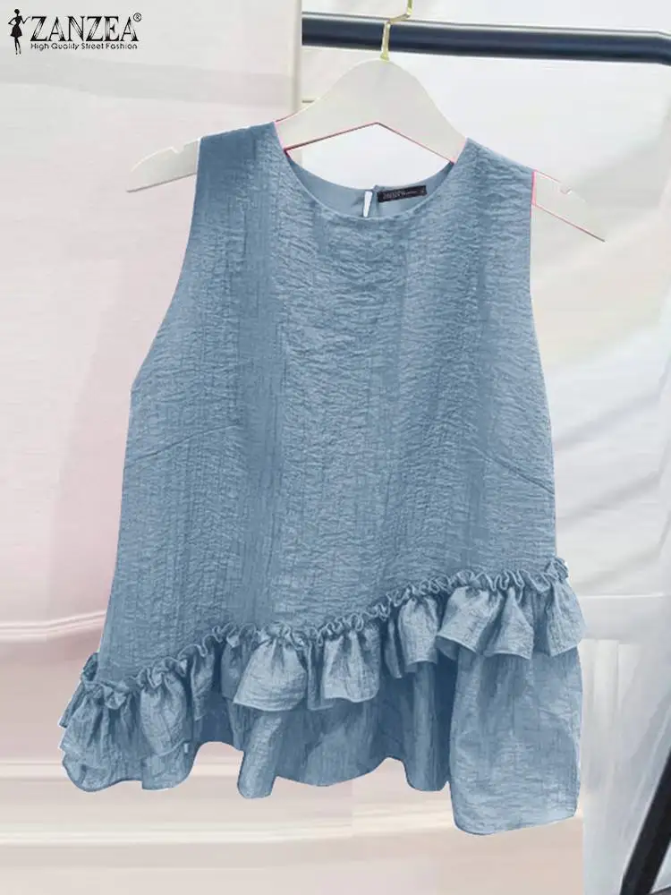 Women Elegant Sleeveless Blouse ZANZEA 2024 Summer Tanks Tops Fashion Holiday Party Shirt Casual Solid Flounce Work Blusas Tunic