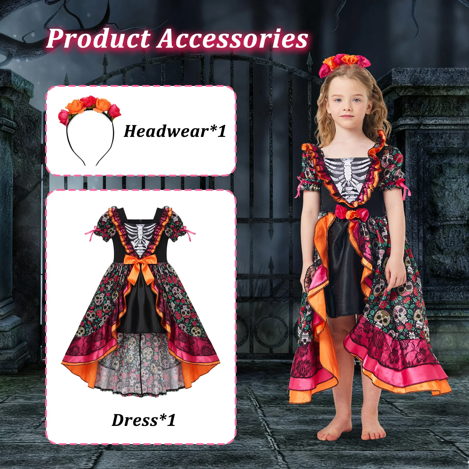 Day Of The Dead Costume Girls Day Of The Dead Dress with Flower Headpiece Halloween Skull Outfit