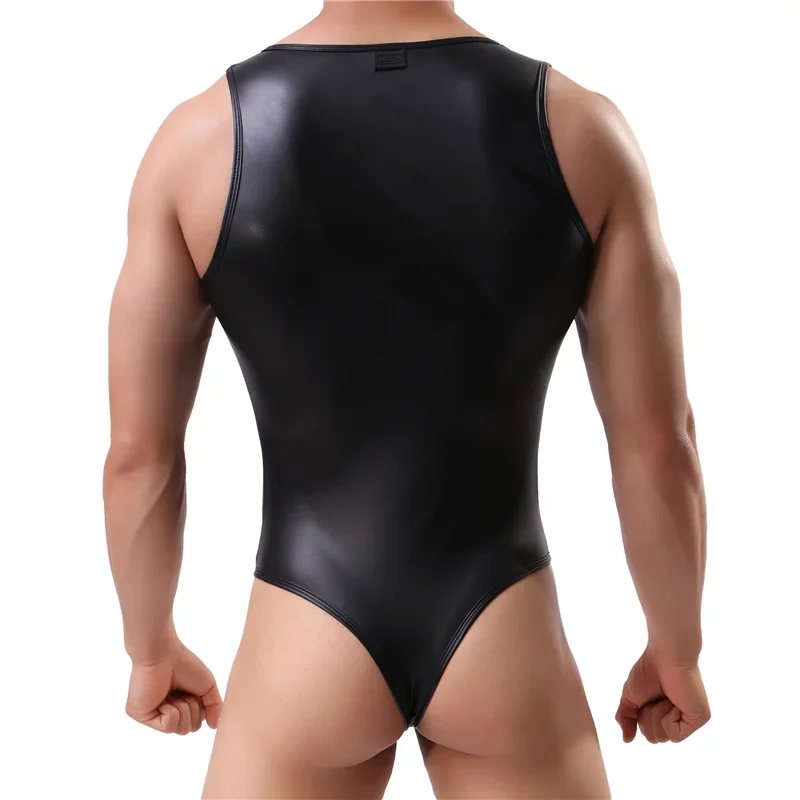 Men Undershirts Night Club Sexy Sleeveless Faux Leather Bodysuit Slims Fits Jumpsuit Slim Shaper Underwear
