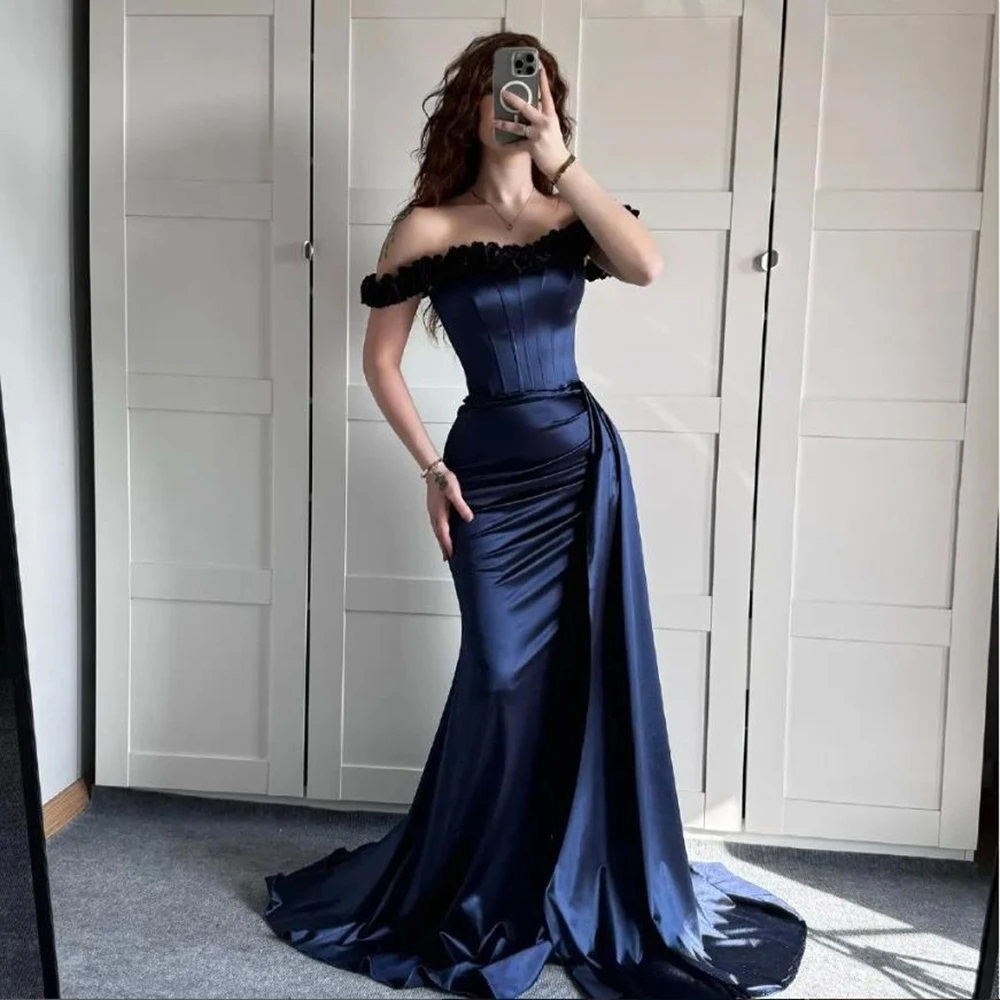 

Customized Flower Off the Shoulder Blue satin Mermaid Evening Dresses Watteau Train Pleat Sleeveless Floor Length Pageant Gowns