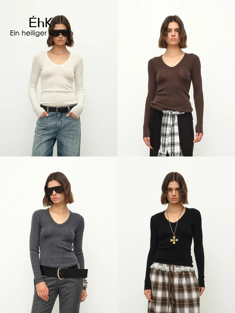 

Женская шерстяная базовая футболка EhK с U-образным вырезом, защита от катышков, длинный рукав, комфортная нижняя одежда, однотонная, для повседневной носки, приталенная, зимняя футболка