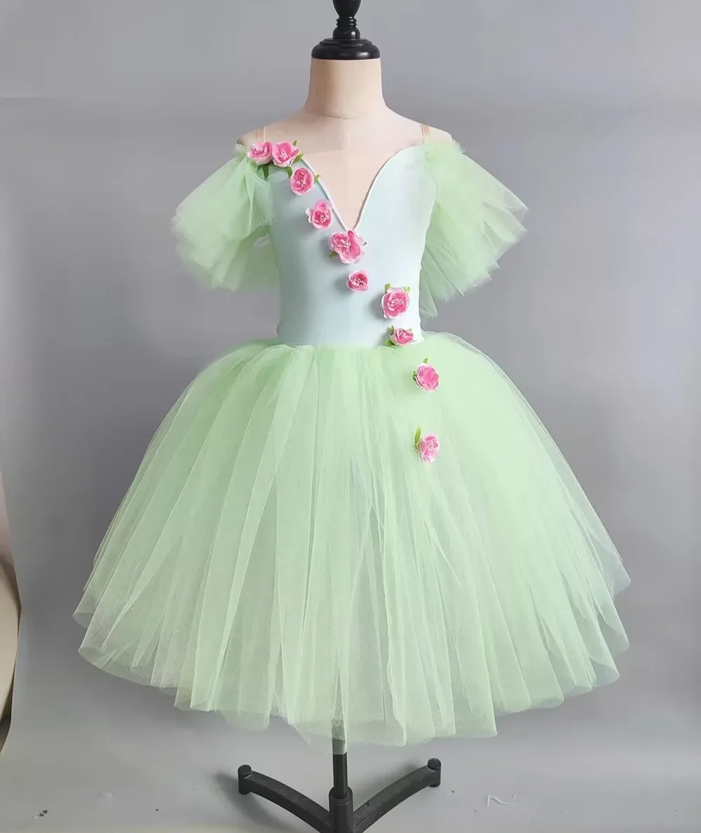 Costumes de ballet Giselle pour filles, robe de patinage en tulle vert, manches courtes, robe à lacets, ballerine et bulle, tutu romantique, enfant, été