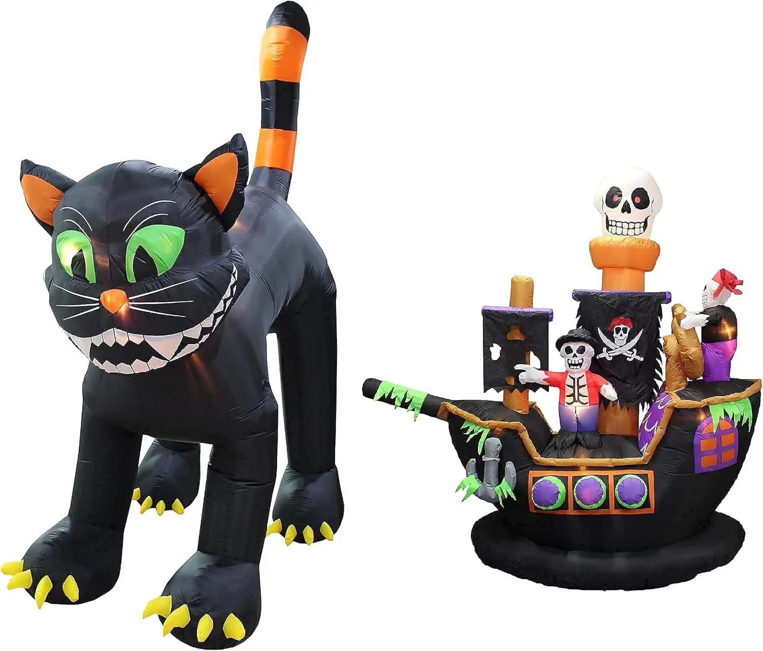 TWO HALLOWEEN PARTY DECORATIONS BUNDLE, Includes 11 Foot Tall Animated Inflatable Giant Black Cat, and 7 Foot Halloween Inflatab