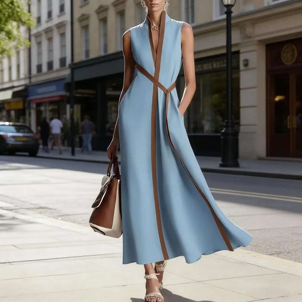 Retro Style Versatile Women Dress 2026 Summer European and American stand up collar sleeveless casual contrasting loose dress