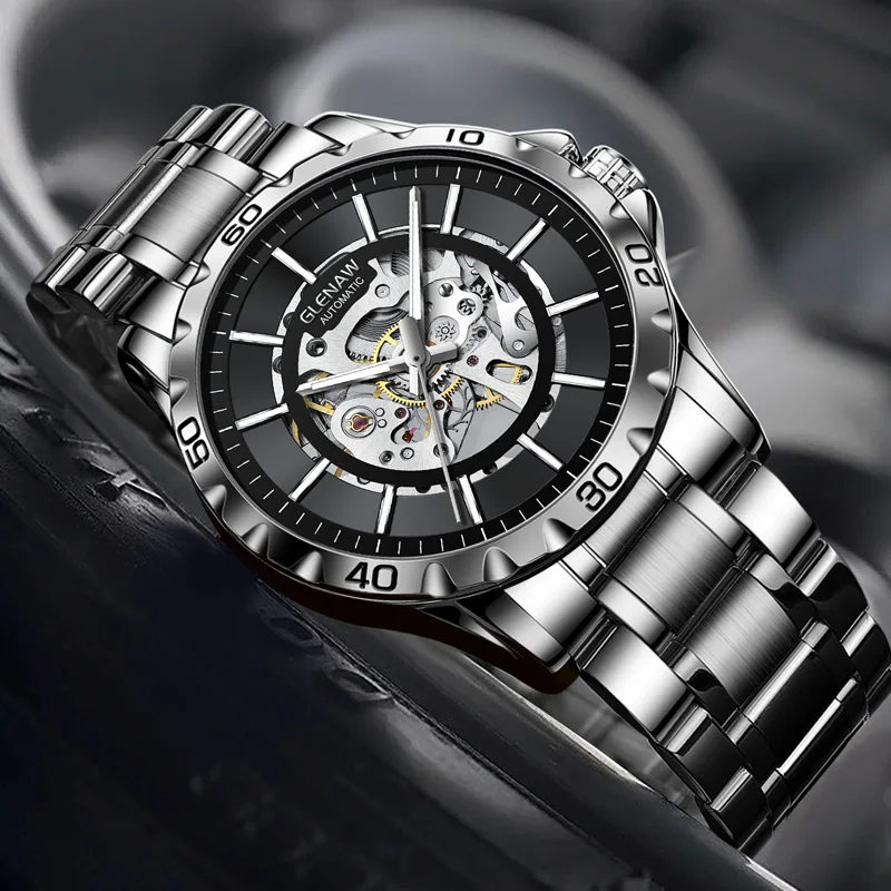 GLENAW-Relógio Automático Mecânico Impermeável Masculino, Relógios de Moda de Luxo para Homens