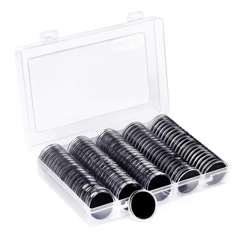 A93Z 100 Peças Cápsulas para Moedas de 30mm e 5 Tamanhos (17/20/25/27/30mm) com Vedação Protetora, Estojo Porta-Moedas com Caixa Organizadora Durável