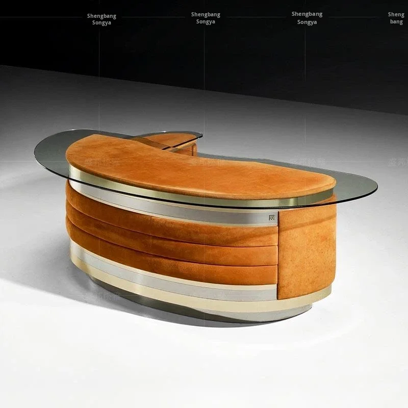 Light Luxury Solid Wood Leather L-Shaped Corner Computer Desk Stainless Steel Tempered Glass Modern Executive Office Storage