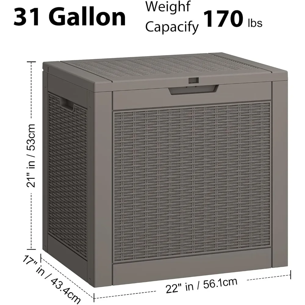 صندوق تخزين خارجي مقاوم للماء سعة 31 جالونًا مع غطاء قابل للقفل - منظم سطح السفينة والحديقة والفناء للأدوات والوسائد