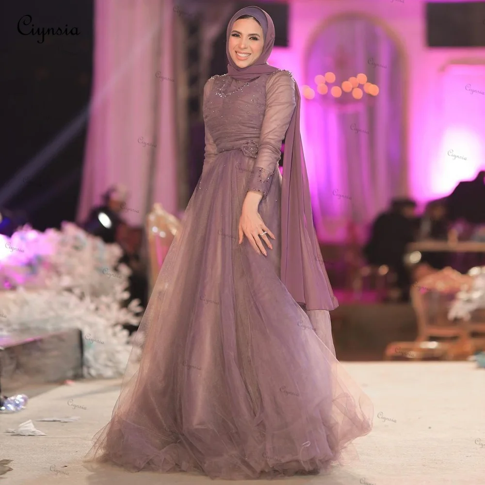 

Ciynsia Robes De Soirée Dubai Abiye Muslim Evening Dresses A-Line Crystal Beads Tulle Long Sleeve Hijab Formal Dress Prom Gowns