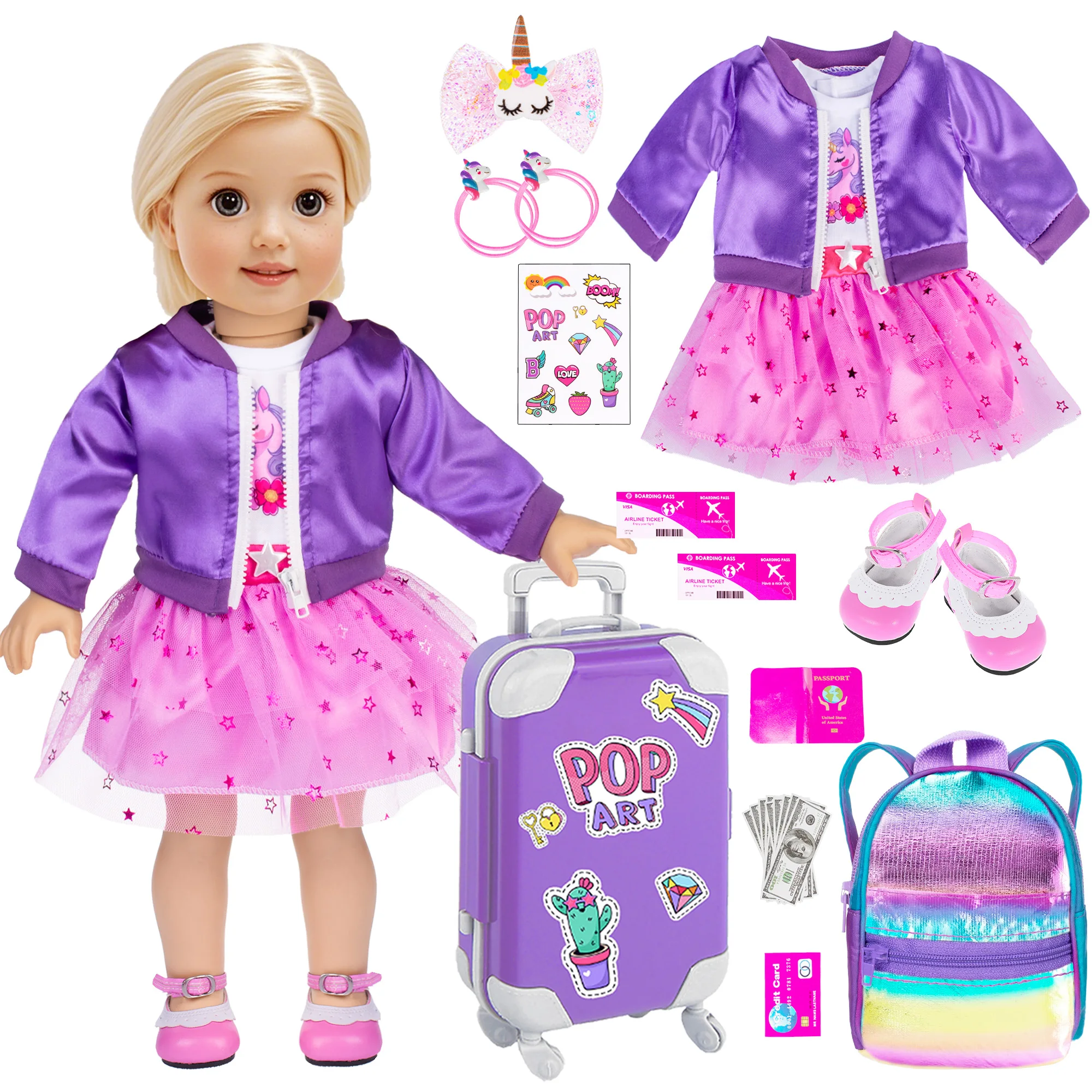 

18 Inch Doll Clothes and Accessories Travel Suitcase Set Including Coat, Dress, Suitcase, Hairpin, Hair Ring, Shoes (No Doll)