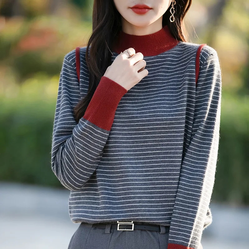 Women Sweater Long Sleeve Half Turtleneck Knitted Striped Sweaters Top Damen Pullover Pull Femme Hiver Jumper Pullovers Maglione