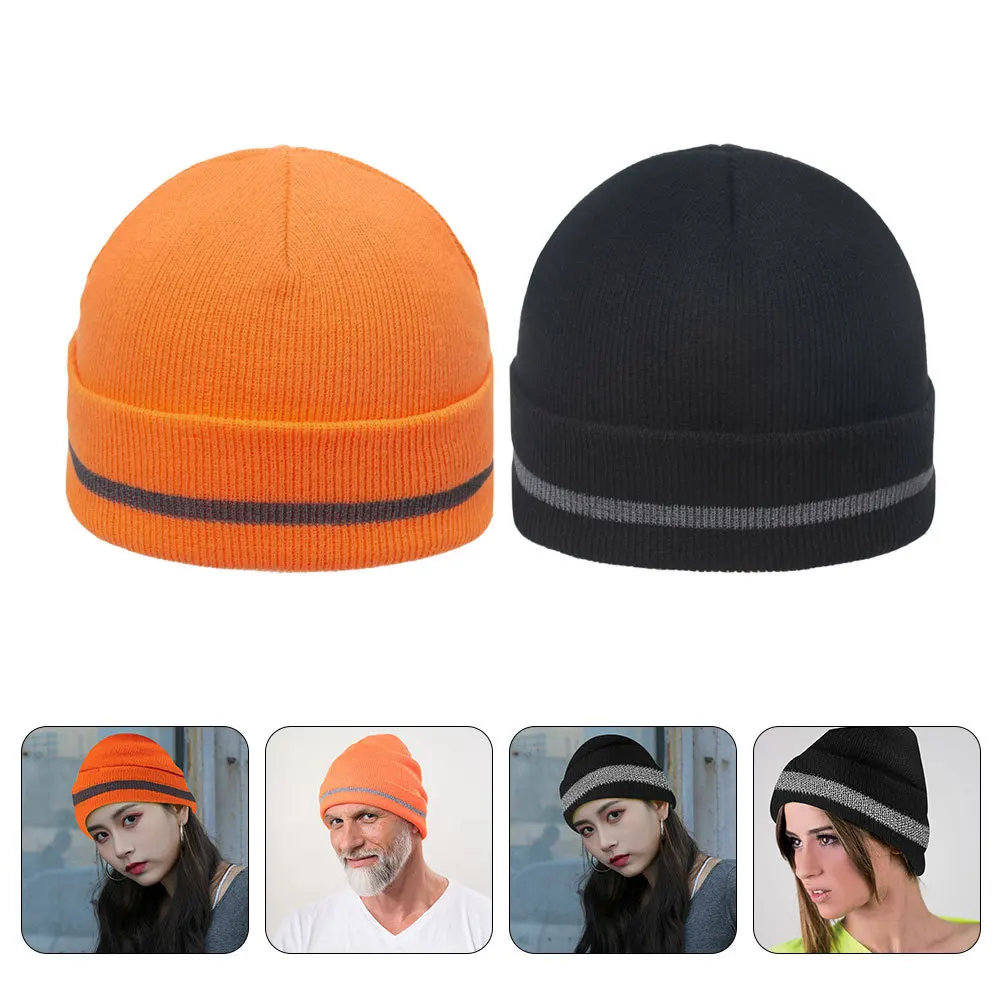

2Pcs Reflective Knit Beanie Hat Warm Winter Outdoor Cycling Skiing High Visibility Fashionable Versatile Mens Knitted Beanie