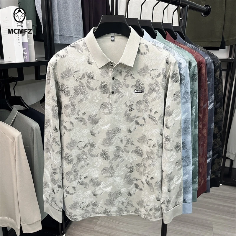 Summer Mens Printed Polo Top Turn Down Collar Button Closure Light Mesh Fabric Office Leisure Wear Garment