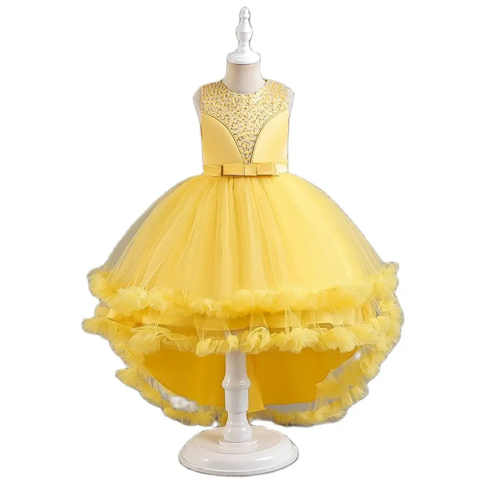 Yellow Sleeveless Children\'s Performance Dress Bow Tail Dress Princess Dress For 3Y to 12Y Birthday Party Wear