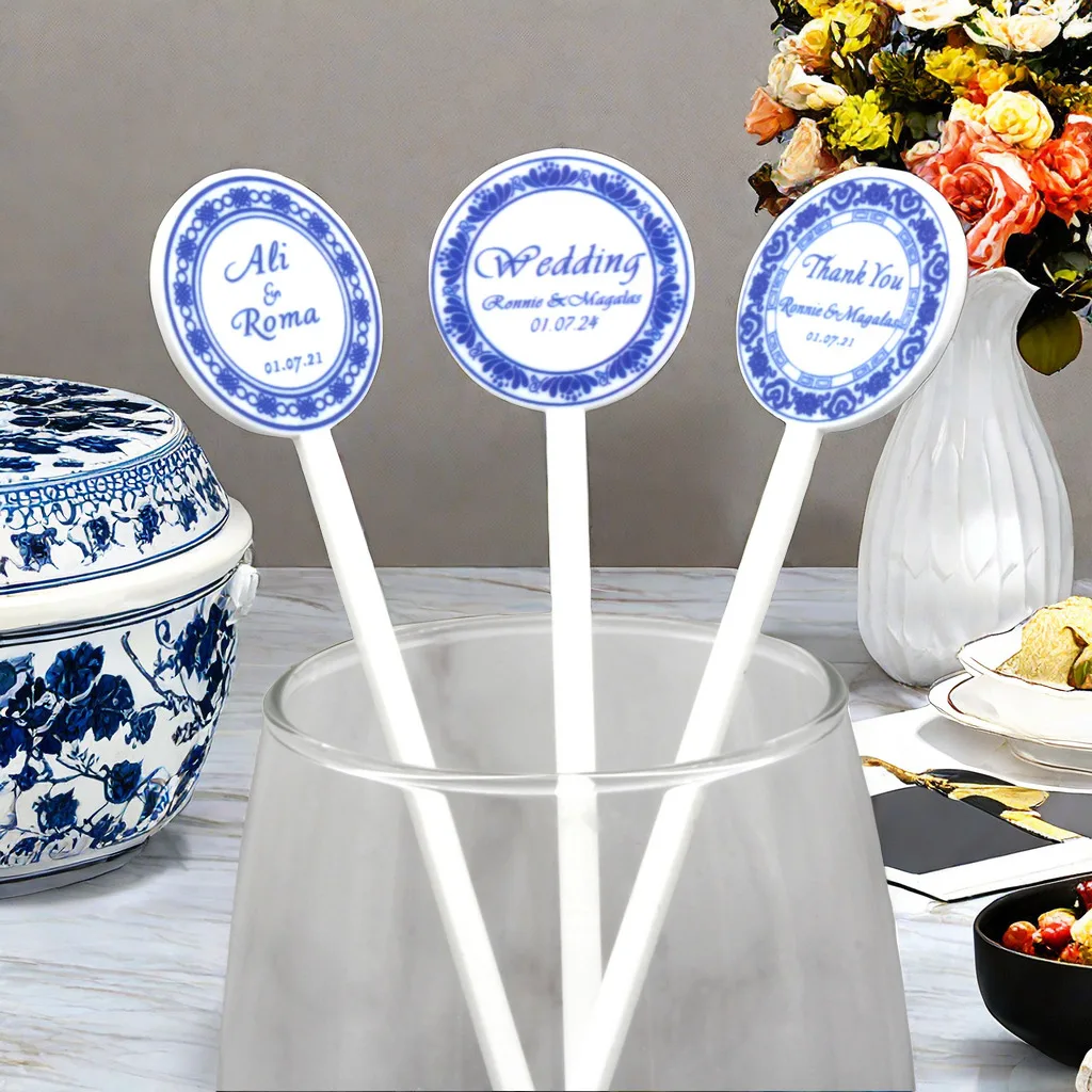 

100pcs Personalized Acrylic Wedding Drink Stirrers, “Blue and white porcelain style” Table Decorations Custom Cocktail Stirrers