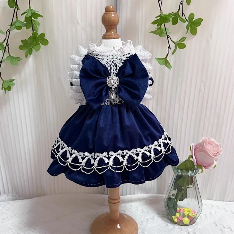 Retro Blue Velvet Pet Dog Clothes Fashion Handmade Cute Bow Party Princess Dresses For Small Medium Dog Chihuahua Puppy Costumes