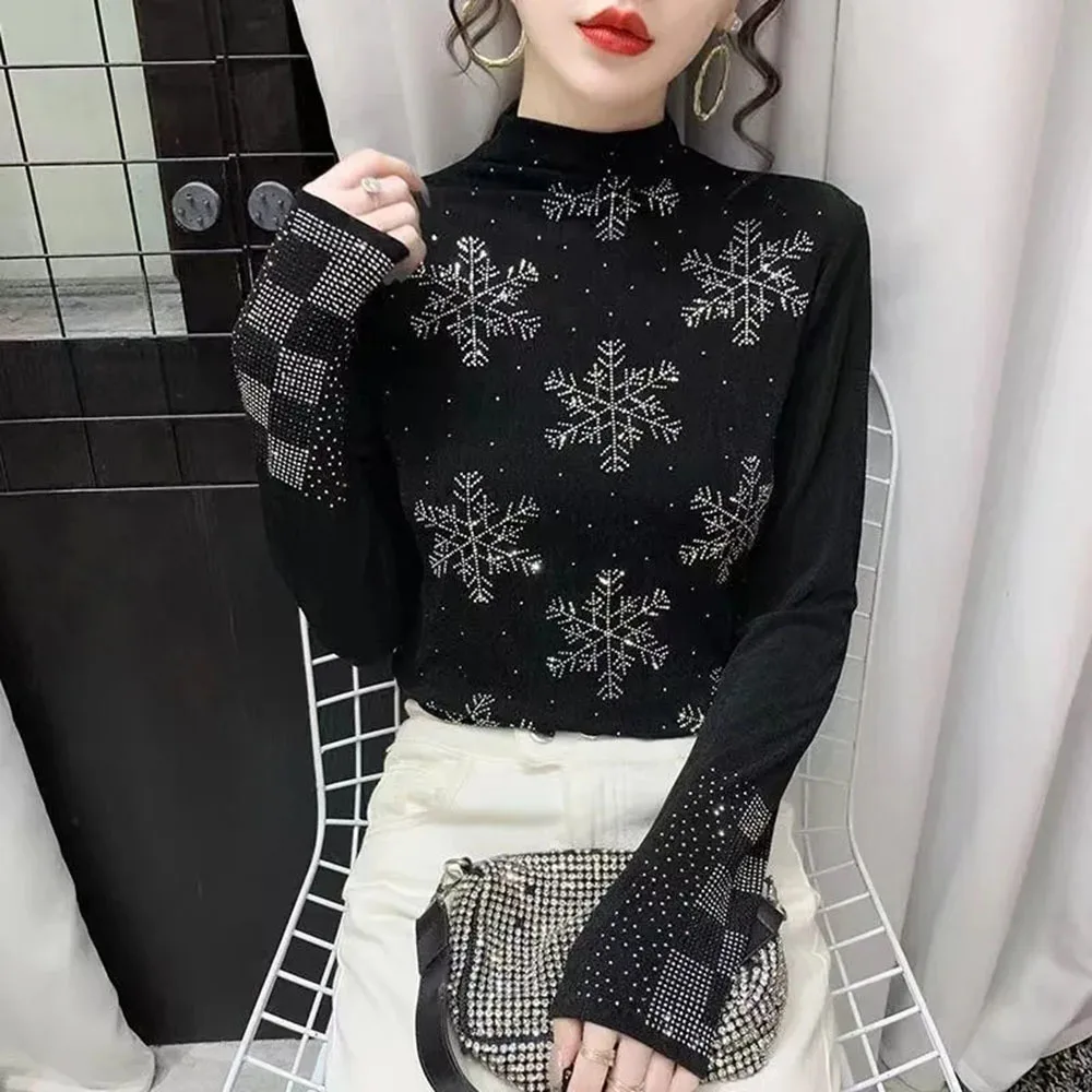 Camiseta con diamantes para mujer, Tops de cuello alto para mujer, Jersey ajustado, blusa, moda de otoño, camisetas femeninas de tendencia 2024