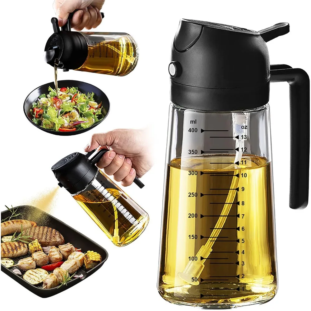 

16oz Glass Olive Oil Sprayer, 2-in-1 Kitchen & Air Fryer Accessory - Black.