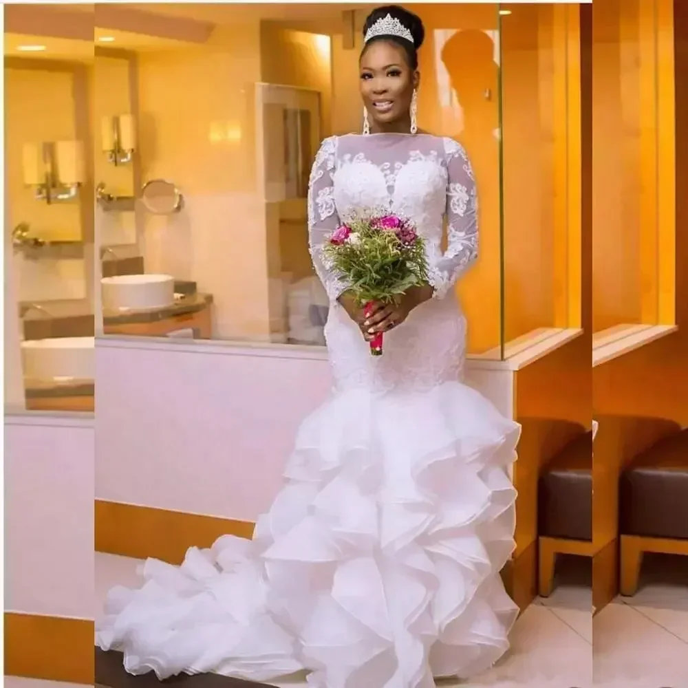 

Индивидуальный пошив: Новые модели, высокое качество, кружевное платье-русалка с оборками и длинными рукавами для полных невест.