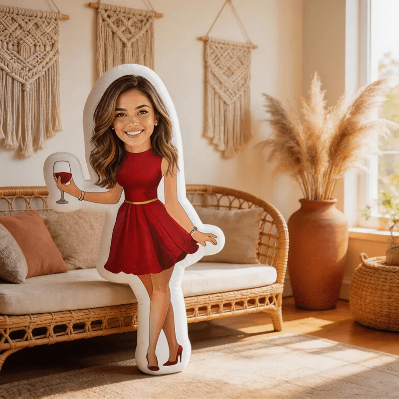 Personalized Photo Customization: Red Dress Character Custom Shaped Decorative Cushion, Stylized Illustration Accent Pillow for