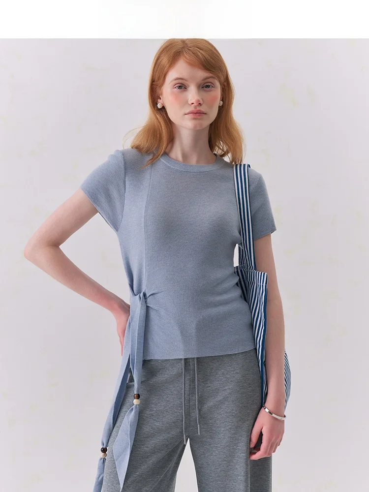 

Blue Knitted Short Sleeve Women's Top with Bead Design And Belt Vintage Style Summer Fashionable Casual Wool Blend Shirt