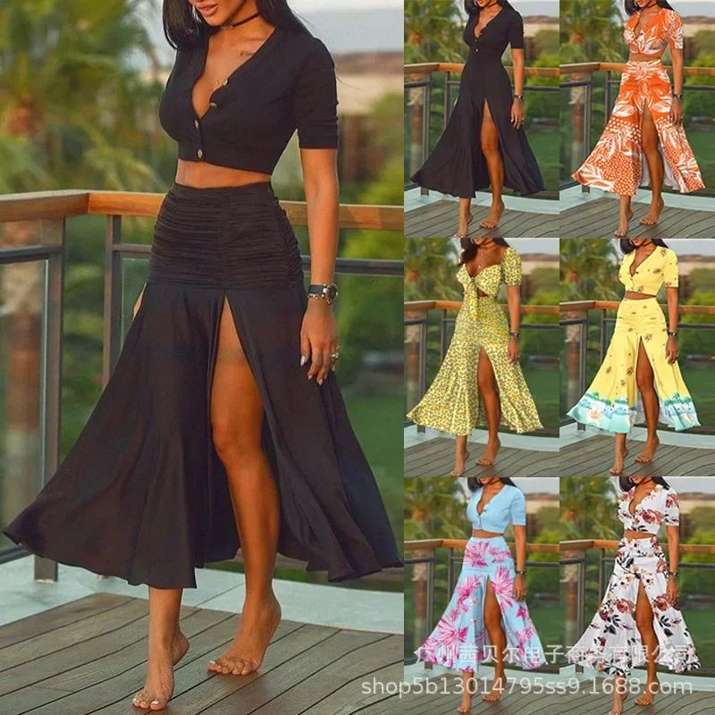 

Womens Dress Sets 2023 New Short Cardigan Top Suit with High Slit and Pleated Overskirt